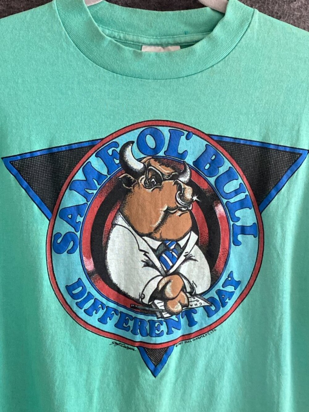 Men 1987 Hull Garment Same Ol Bull Green Single Stitch Sof Tee T shirt L VTG USA